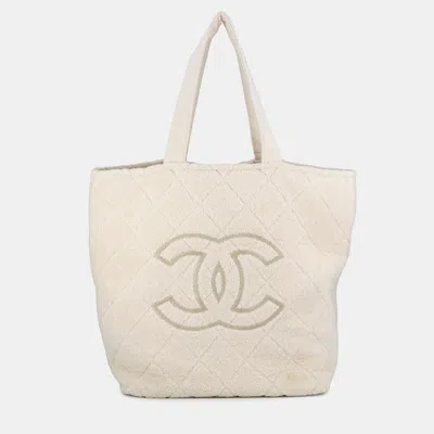 Pre-owned Chanel Terry Cotton Cc Beach Tote Towel Set Ivory Cotton Tote Bag In White