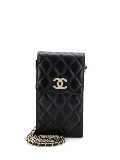 Pre-owned Chanel Textured Cc Flap Phone Holder With Airpods Pro Case Quilted Caviar Crossbody Bag In Black
