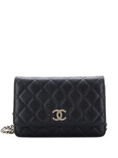 Pre-owned Chanel Textured Cc Wallet On Chain Quilted Caviar Crossbody Bag In Black