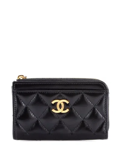 Pre-owned Chanel Textured Cc Zip Around Card Holder Quilted Lambskin Small Wallets In Black