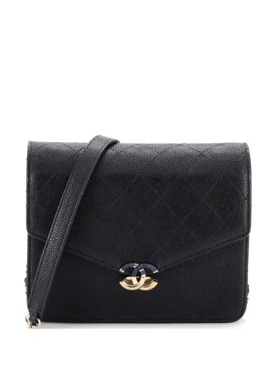 Pre-owned Chanel Thread Around Square Wallet On Chain Quilted Caviar Crossbody Bag In Black