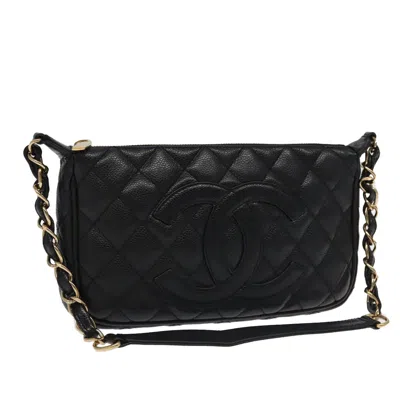 Pre-owned Chanel Timeless Cc Chain Pochette Quilted Caviar Black Leather Bag ()