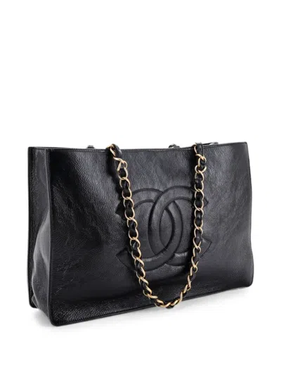 Pre-owned Chanel Timeless Cc Chain Shopping Shiny Aged Calfskin Large Tote Bag In Black
