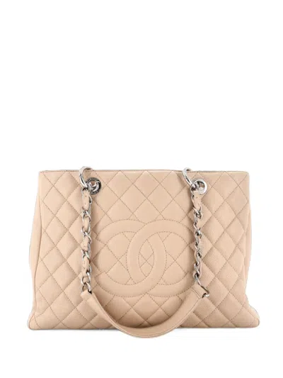 Pre-owned Chanel Timeless Cc Shopping Tote Quilted Caviar Medium Shoulder Bag In Neutrals