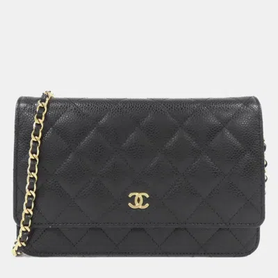Pre-owned Chanel Timeless Classic Line Black Calf Leather Chain Wallet
