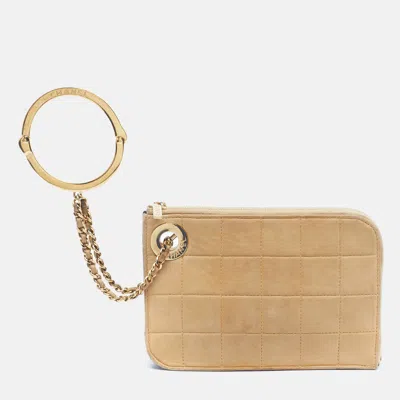 Pre-owned Chanel Timeless Handcuff Beige/black Cube Quilted Nubuck Leather Clutch In Sand