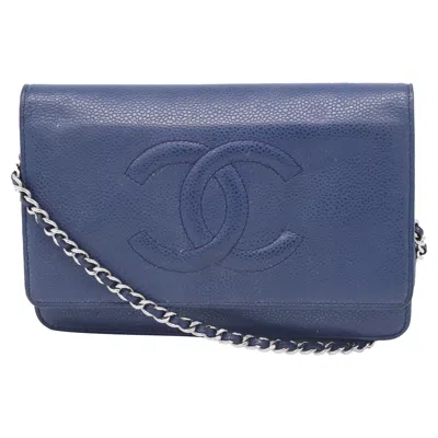 Pre-owned Chanel Timeless Wallet On Chain In Navy Blue Caviar Leather