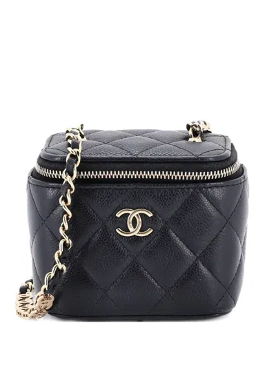 Pre-owned Chanel Tiny Cc Link Vanity Case With Chain Quilted Caviar Mini Clutch Bag In Black