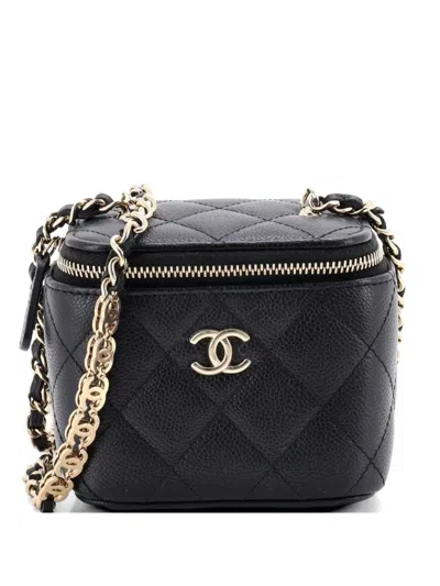 Pre-owned Chanel Tiny Cc Link Vanity Case With Chain Quilted Caviar Mini Clutch Bag In Black