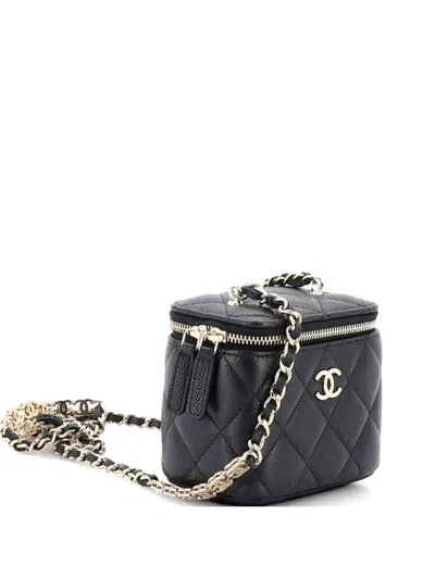 Pre-owned Chanel Tiny Cc Link Vanity Case With Chain Quilted Caviar Mini Clutch Bag In Black