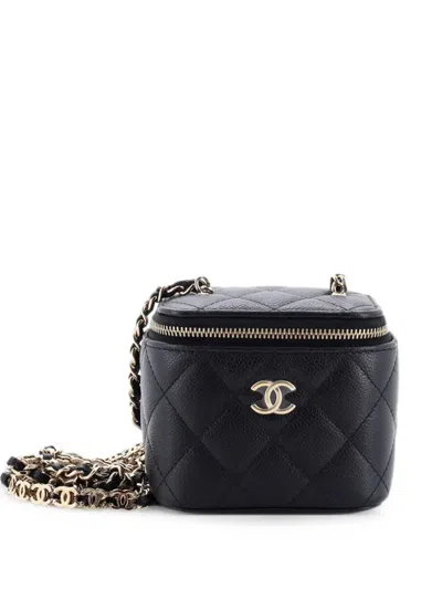 Pre-owned Chanel Tiny Cc Link Vanity Case With Chain Quilted Caviar Mini Clutch Bag In Black