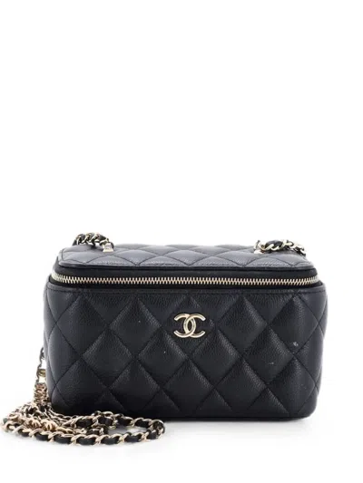 Pre-owned Chanel Tiny Cc Link Vanity Case With Chain Quilted Caviar Small Clutch Bag In Black