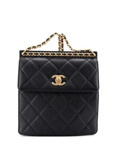 Pre-owned Chanel Top Chain Cc Square Quilted Caviar Backpack In Black