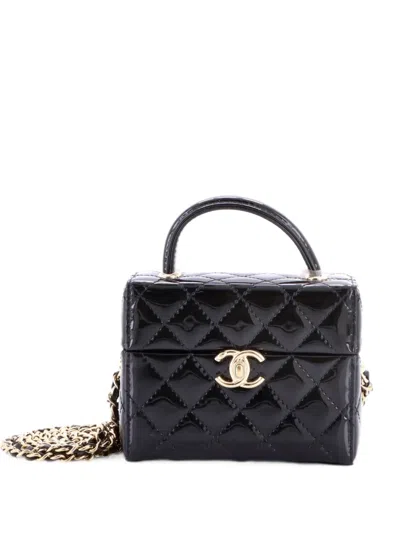 Pre-owned Chanel Top Handle Box Chain Quilted Patent Clutch Bag In Black