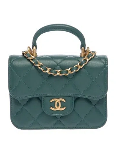 Pre-owned Chanel Top Handle Flap Coin Purse W/ Chain In Green