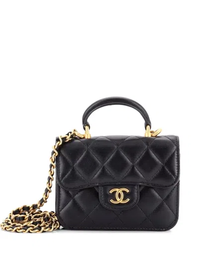 Pre-owned Chanel Top Handle Flap Coin Purse With Chain Quilted Lambskin Crossbody Bag In Black