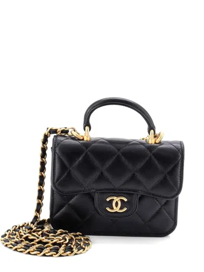 Pre-owned Chanel Top Handle Flap Coin Purse With Chain Quilted Lambskin Crossbody Bag In Black