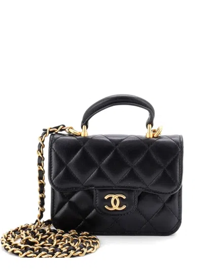 Pre-owned Chanel Top Handle Flap Coin Purse With Chain Quilted Lambskin Crossbody Bag In Black