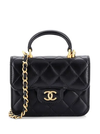 Pre-owned Chanel Top Handle Flap Coin Purse With Chain Quilted Lambskin Crossbody Bag In Black