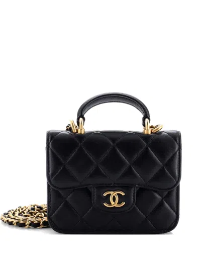 Pre-owned Chanel Top Handle Flap Coin Purse With Chain Quilted Lambskin Crossbody Bag In Black