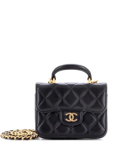 Pre-owned Chanel Top Handle Flap Coin Purse With Chain Quilted Lambskin Crossbody Bag In Black
