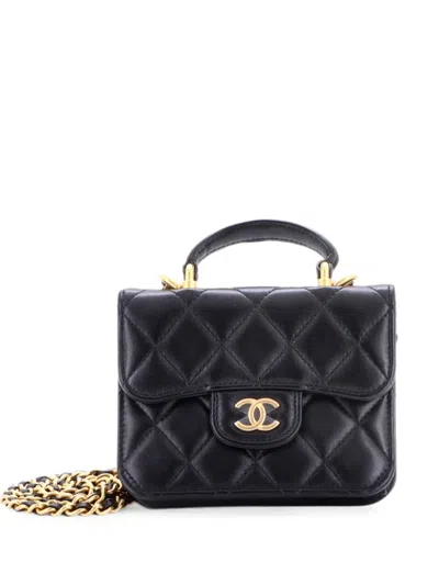 Pre-owned Chanel Top Handle Flap Coin Purse With Chain Quilted Lambskin Crossbody Bag In Black