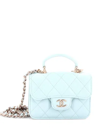 Pre-owned Chanel Top Handle Flap Coin Purse With Chain Quilted Lambskin Crossbody Bag In Blue