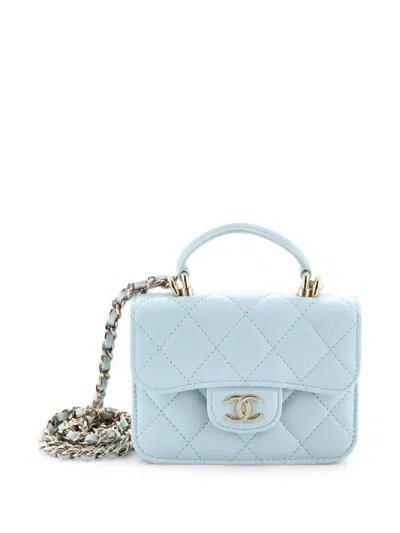 Pre-owned Chanel Top Handle Flap Coin Purse With Chain Quilted Lambskin Crossbody Bag In Blue