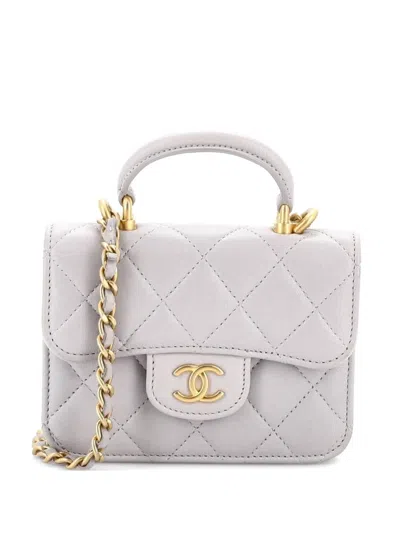 Pre-owned Chanel Top Handle Flap Coin Purse With Chain Quilted Lambskin Crossbody Bag In Gray