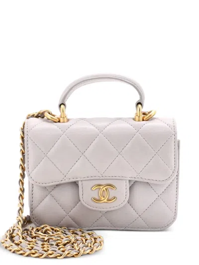 Pre-owned Chanel Top Handle Flap Coin Purse With Chain Quilted Lambskin Crossbody Bag In Gray