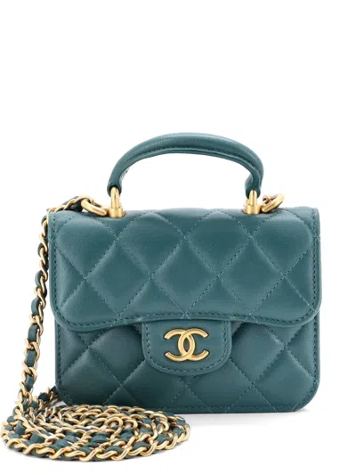 Pre-owned Chanel Top Handle Flap Coin Purse With Chain Quilted Lambskin Crossbody Bag In Green