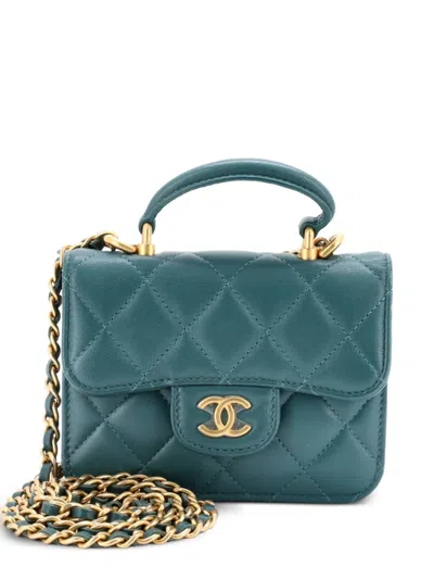 Pre-owned Chanel Top Handle Flap Coin Purse With Chain Quilted Lambskin Crossbody Bag In Green