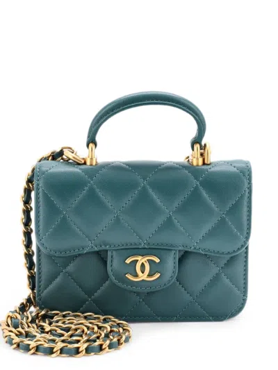 Pre-owned Chanel Top Handle Flap Coin Purse With Chain Quilted Lambskin Crossbody Bag In Green
