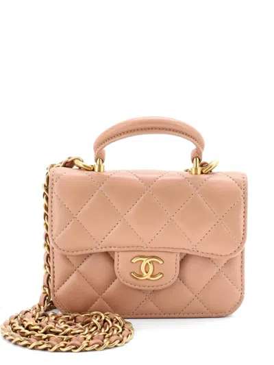 Pre-owned Chanel Top Handle Flap Coin Purse With Chain Quilted Lambskin Crossbody Bag In Neutral