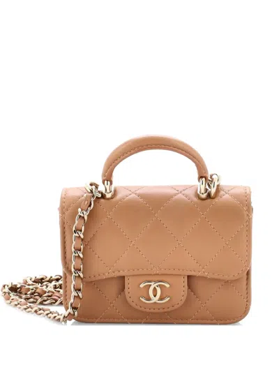 Pre-owned Chanel Top Handle Flap Coin Purse With Chain Quilted Lambskin Crossbody Bag In Neutral