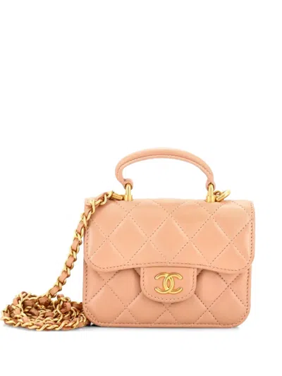 Pre-owned Chanel Top Handle Flap Coin Purse With Chain Quilted Lambskin Crossbody Bag In Neutral