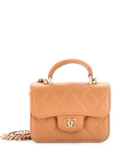 Pre-owned Chanel Top Handle Flap Coin Purse With Chain Quilted Lambskin Crossbody Bag In Neutrals