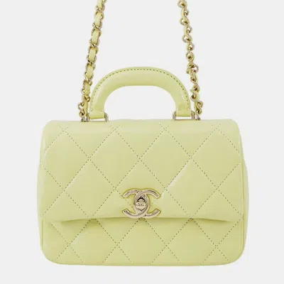 Pre-owned Chanel Top Handle Matelasse Shoulder Yellow Shiny Calf Leather Size Mini