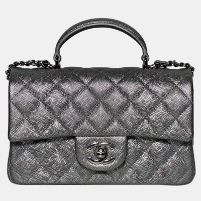Pre-owned Chanel Top Handle Mini Rectangular Flap Bag In Silver Caviar