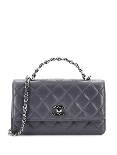 Pre-owned Chanel Top Handle Phone Holder With Chain Quilted Lambskin With Crystals Satchel In Gray