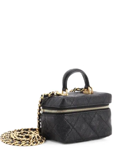 Pre-owned Chanel Top Handle Zip Around Vanity Case With Chain Quilted Caviar Mini Clutch Bag In Black