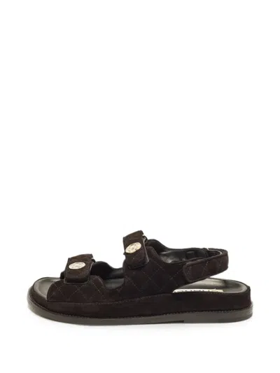 Pre-owned Chanel Touch-strap Flat Sandals In Black