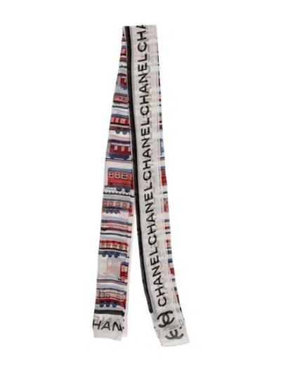 Pre-owned Chanel Train Mousseline Silk Scarf In White