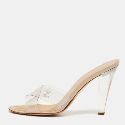 Pre-owned Chanel Transparent Cross Strap Pvc Cc Slide Sandals Size 38