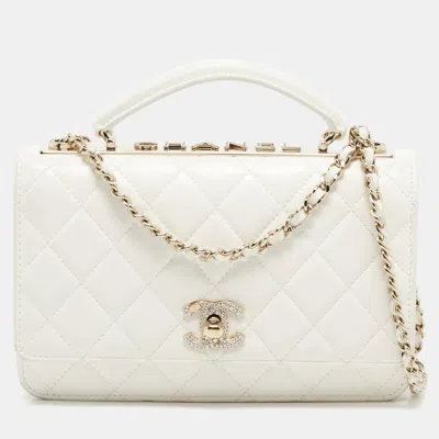Pre-owned Chanel Trendy Cc Crystal White Quilted Leather Top Handle Wallet On Chain