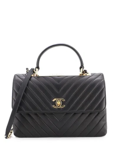Pre-owned Chanel Trendy Cc Top Handle Bag Chevron Lambskin Medium Satchel In Black