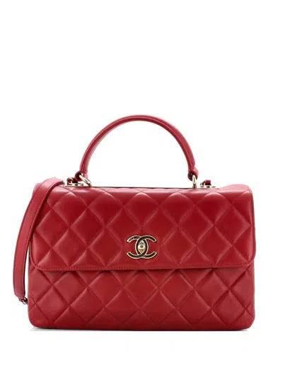 Pre-owned Chanel Trendy Cc Top Handle Bag Quilted Lambskin Medium Satchel In Red