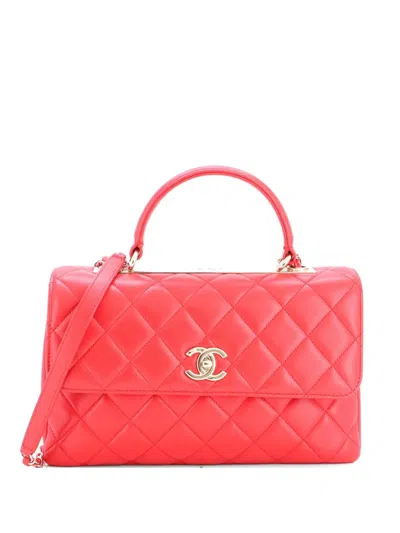Pre-owned Chanel Trendy Cc Top Handle Bag Quilted Lambskin Medium Satchel In Red
