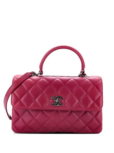 Pre-owned Chanel Trendy Cc Top Handle Bag Quilted Lambskin Medium Satchel In Red
