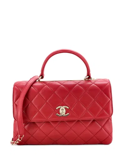 Pre-owned Chanel Trendy Cc Top Handle Bag Quilted Lambskin Medium Satchel In Red